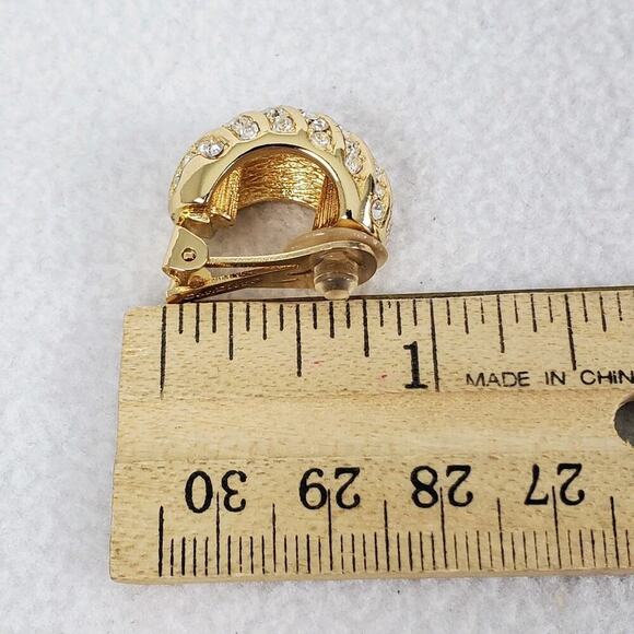 Vintage CHRISTIAN DIOR Gold Tone Rhinestone Huggie Clip-on Earrings New In Box - Picture 9 of 9
